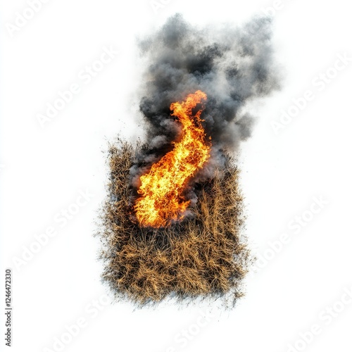 Aerial view of a controlled burn in a field, agricultural practice enhancing soil health, smoke rising against a clear background