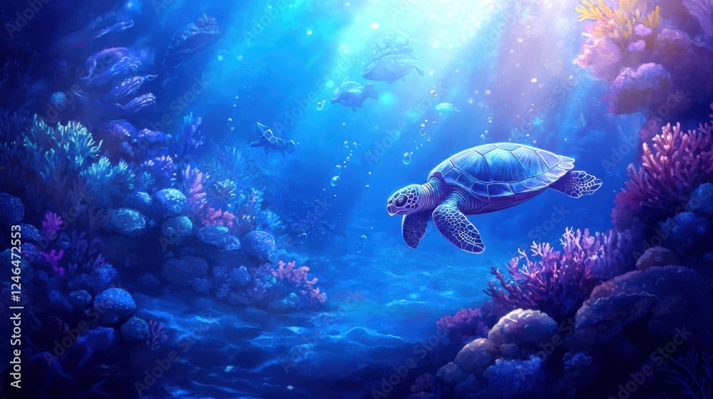 Fototapeta premium Underwater Scene with Sea Turtle Swimming Among Vibrant Corals