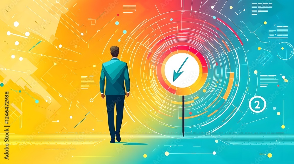 Confident Businessman Walks Towards Strategic Goal with Colorful Directional Icons Confident Businessman Walks Towards Strategic Goal with Colorful Directional Icons