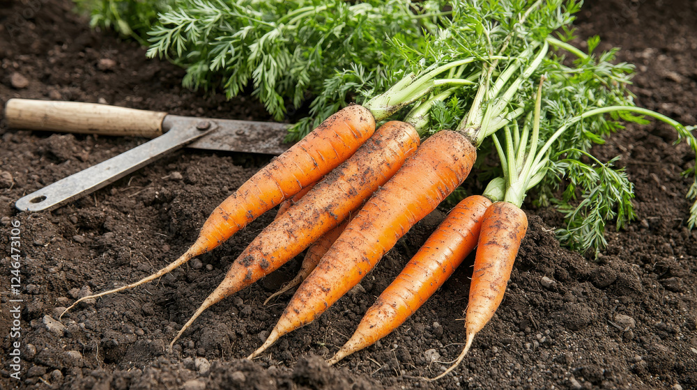 Freshly Harvested Ripe Carrots in Rustic Garden with Green Leaves and Garden Tools Nearby