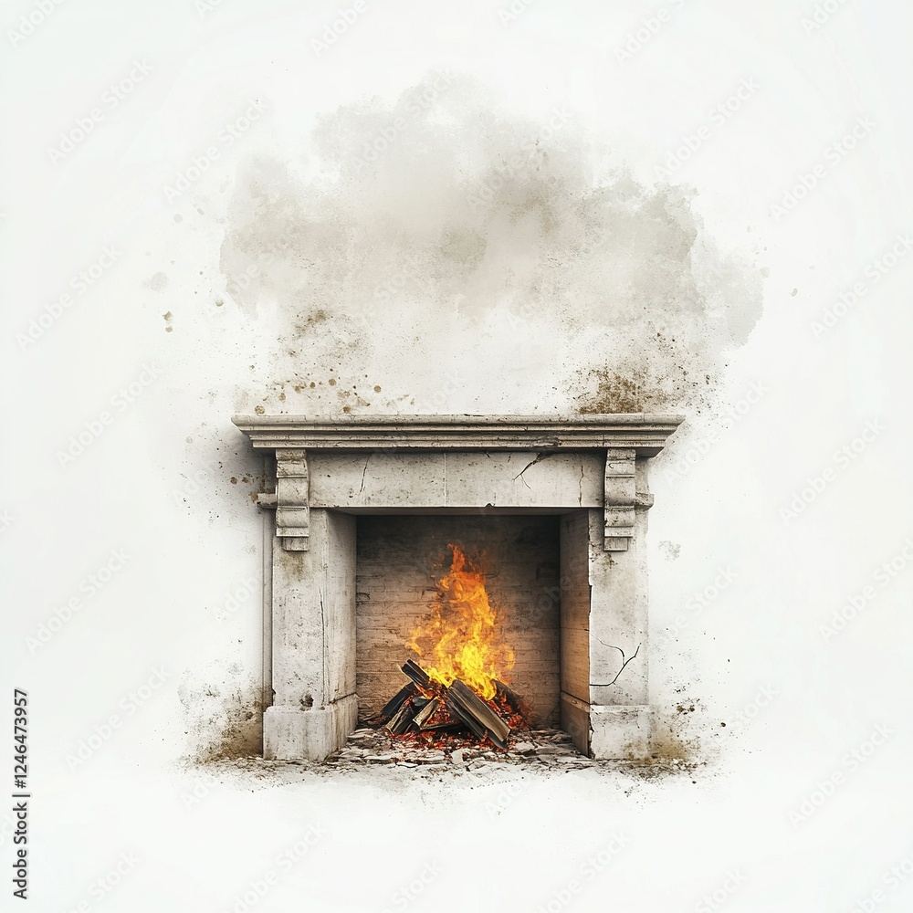 Obraz premium Cozy Fireplace Glow, a warm and inviting scene featuring a crackling fire, emphasizing comfort and tranquility against a clean white backdrop