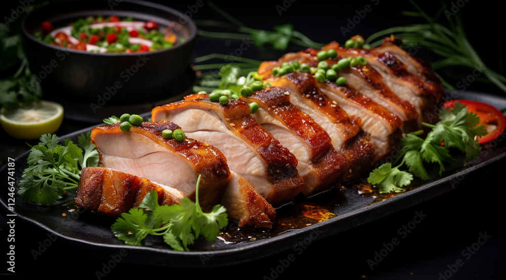 Sliced Pork Belly with Greens on Modern Plate Sliced Pork Belly with Greens on Modern Plate