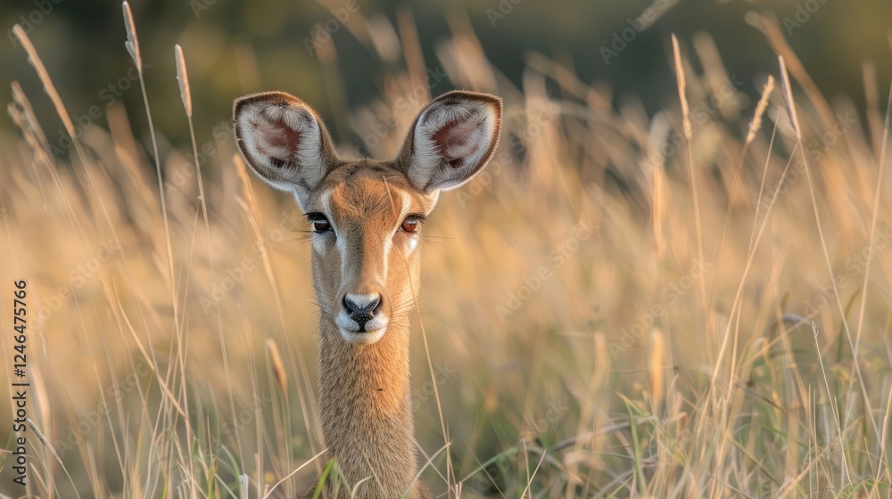 Close-up of a graceful antelope standing in golden grass during sunset, surrounded by nature Close-up of a graceful antelope standing in golden grass during sunset, surrounded by nature