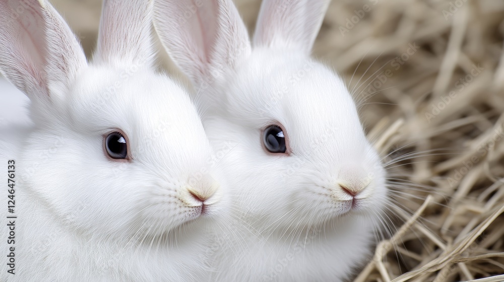 Two Adorable White Baby Rabbits in Hay Nest Two Adorable White Baby Rabbits in Hay Nest