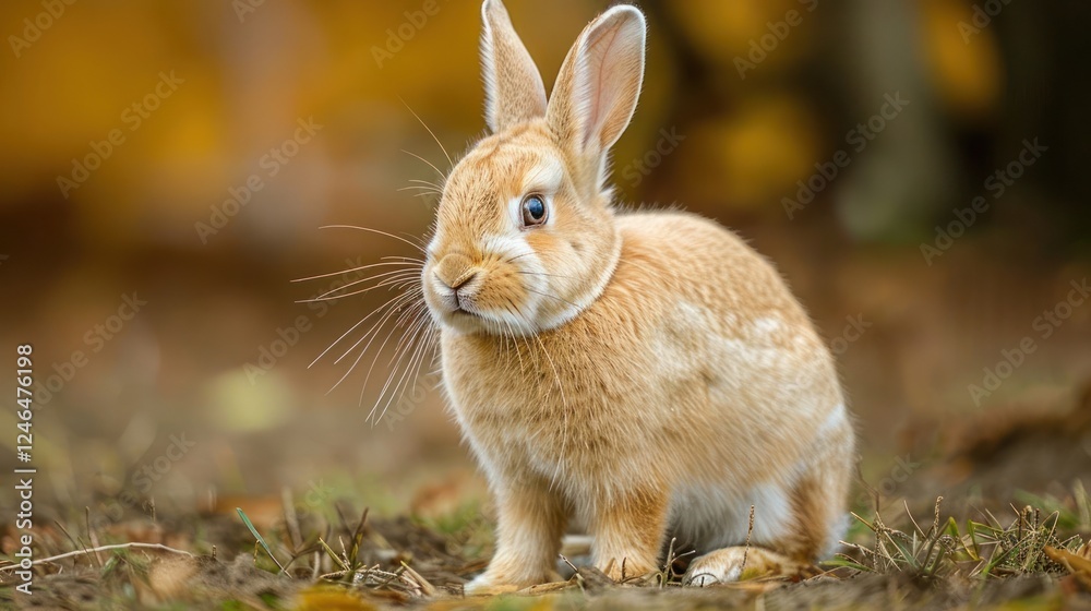 Fototapeta premium A fluffy rabbit sitting on the ground surrounded by autumn foliage, showcasing nature's beauty