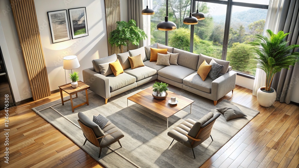 Fototapeta premium Elevated view of a stylish, contemporary living space.