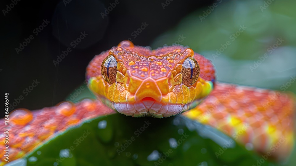 Close-up of a vibrant, water-droplet-covered snake resting on a green leaf in a lush environment Close-up of a vibrant, water-droplet-covered snake resting on a green leaf in a lush environment