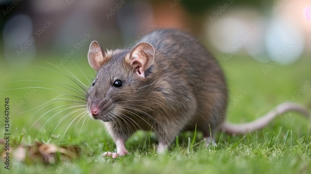 Close-up of a curious rat exploring a lush green lawn with vibrant bokeh background Close-up of a curious rat exploring a lush green lawn with vibrant bokeh background