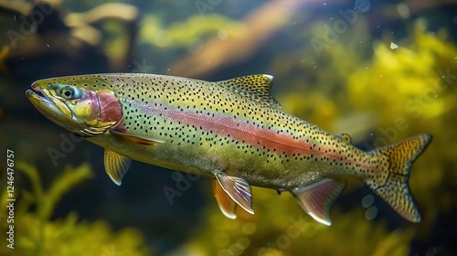 Vibrant rainbow trout swimming gracefully through lush underwater vegetation in a serene habitat photo