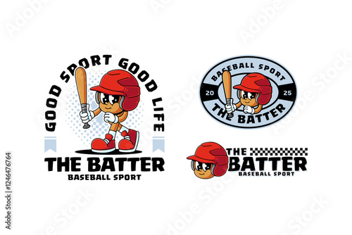 baseball helmet retro cartoon character mascot illustration collection set with standing pose and holding baseball bat for baseball softball sport club mascots and merchandise