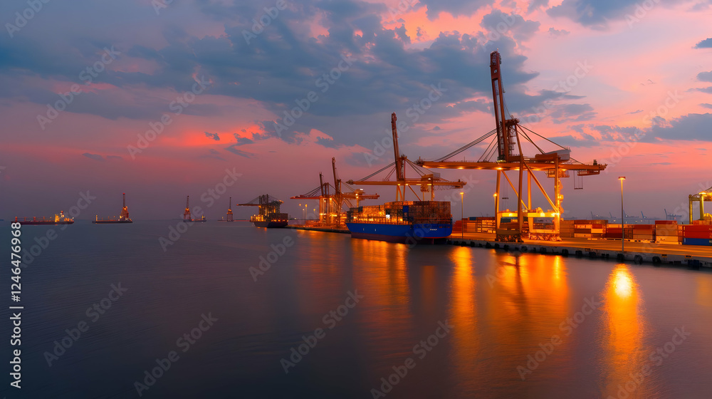 Loading cargo ships at sunset in a busy port industrial environment tranquil waters aerial perspective Loading cargo ships at sunset in a busy port industrial environment tranquil waters aerial perspective