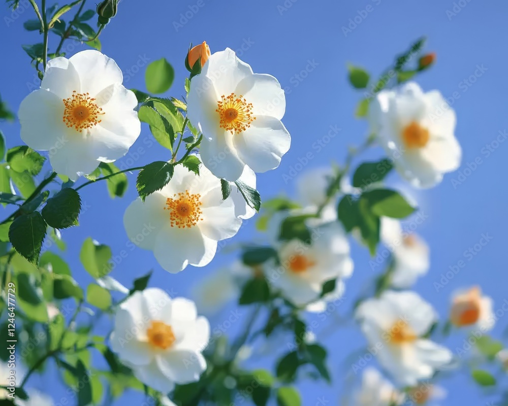 Fototapeta premium White Dog Rose Flowers with Orange Centers in Full Bloom, Close-Up View Against a Sky Blue Sky