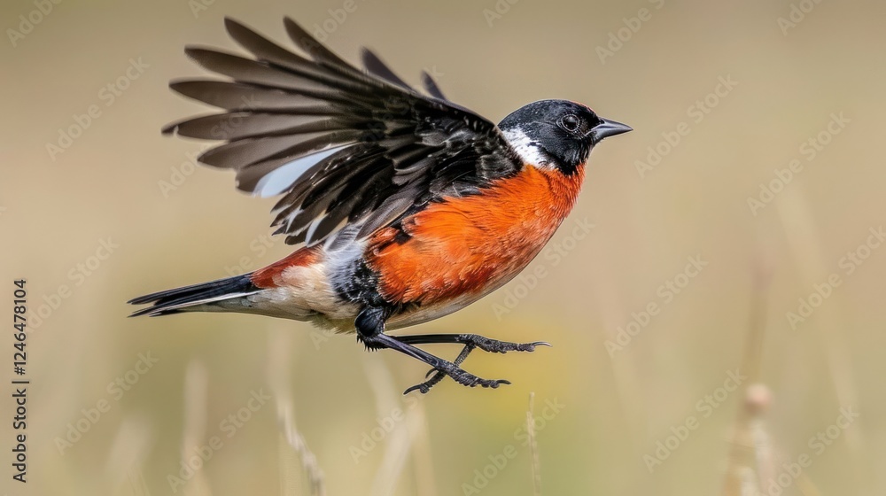 A vibrant bird in mid-flight showcasing its colorful plumage against a blurred background A vibrant bird in mid-flight showcasing its colorful plumage against a blurred background
