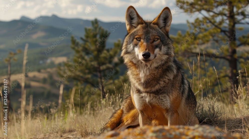A majestic coyote perched on a rock, overlooking a vast mountainous landscape at sunset A majestic coyote perched on a rock, overlooking a vast mountainous landscape at sunset
