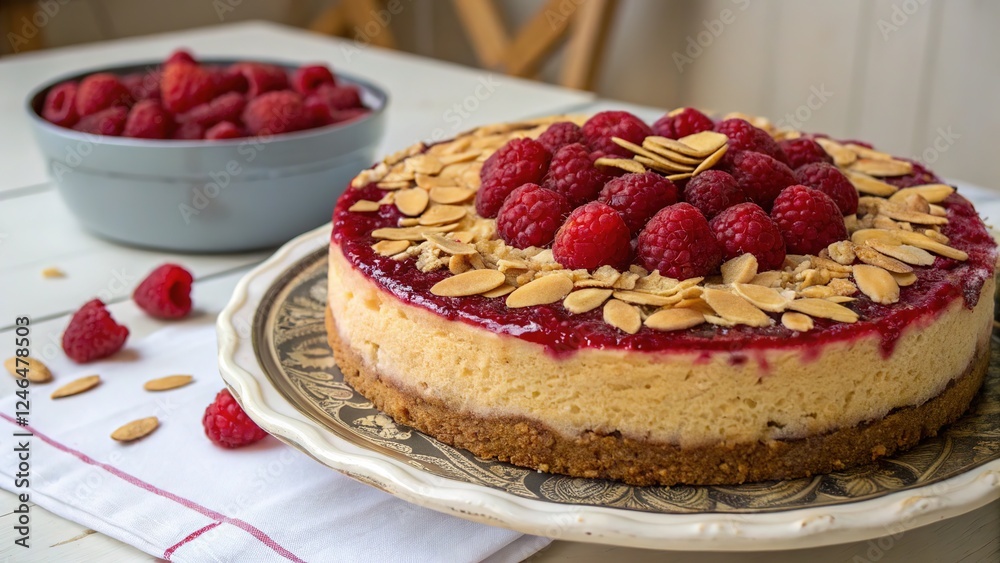 Delicate almond cake, raspberry-studded, beautifully photographed using the rule of thirds. Delicate almond cake, raspberry-studded, beautifully photographed using the rule of thirds.