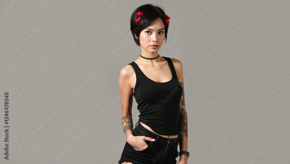 A trendy and stylish portrait of a confident woman with a unique, edgy fashion style. A trendy and stylish portrait of a confident woman with a unique, edgy fashion style.