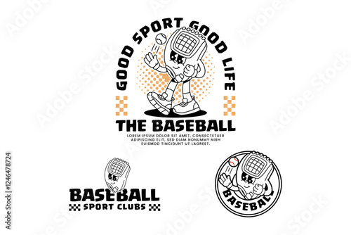 baseball gloves mitten retro cartoon character mascot outline line art illustration set with walking pose and throwing baseball ball for baseball softball sport club mascots and merchandise