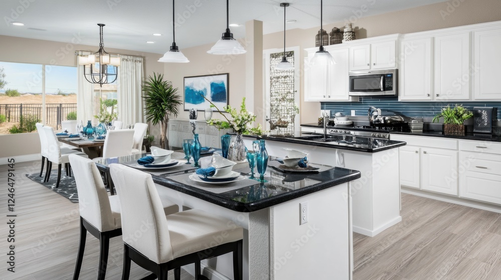 Fototapeta premium Spacious kitchen with white cabinetry, black granite countertops, and pendant lighting 