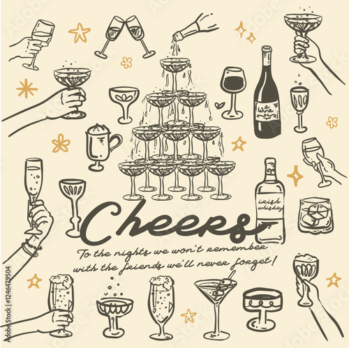 Beautiful hand drawn whimsical style vector Cocktail Party, Cheers invitation templates
