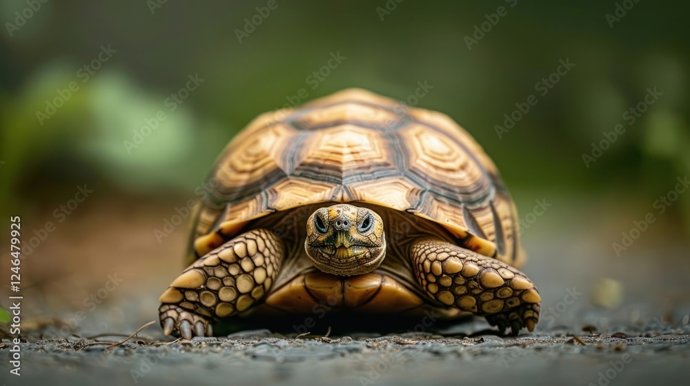 Close-up of a tortoise moving along a pathway surrounded by greenery in a serene environment Close-up of a tortoise moving along a pathway surrounded by greenery in a serene environment