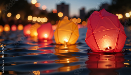 Colorful lanterns floating on river at twilight, cultural celebration photo