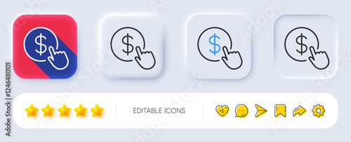 Hand Click line icon. Neumorphic, Flat shadow, 3d buttons. Currency exchange sign. Cursor pointer symbol. To pay or get money. Line buy Currency icon. Social media icons. Vector