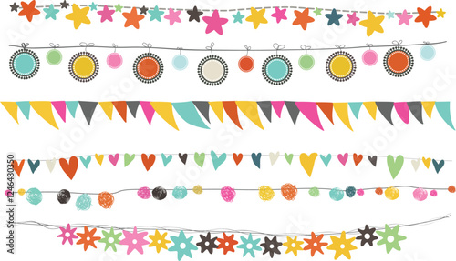 Set of hand-drawn decorative flags in bright colors creating a festive and playful atmosphere perfect for celebrations and event designs vector illustration
