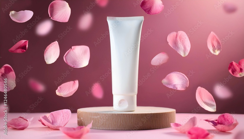 Blank plain white cream tube on wooden podium with falling pink rose petals on pink background, cosmetic product mockup, facewash or hand cream or scrub tube for branding and advertising Blank plain white cream tube on wooden podium with falling pink rose petals on pink background, cosmetic product mockup, facewash or hand cream or scrub tube for branding and advertising