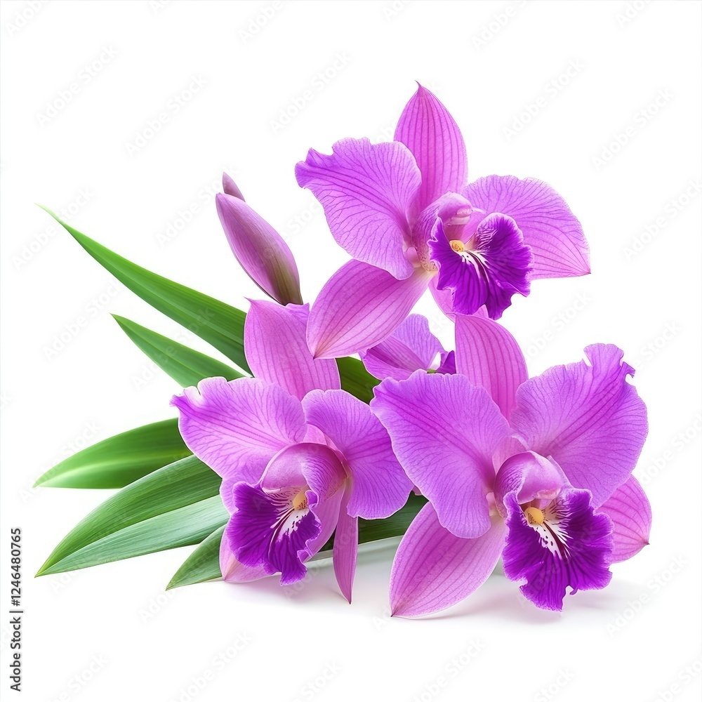 Obraz premium Graceful purple orchid with vivid petals and healthy green leaves, isolated on white