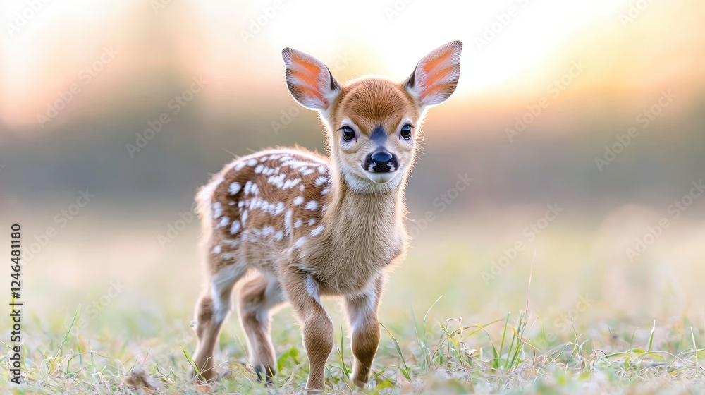 Fawn standing in field at sunset; nature background, wildlife image Fawn standing in field at sunset; nature background, wildlife image