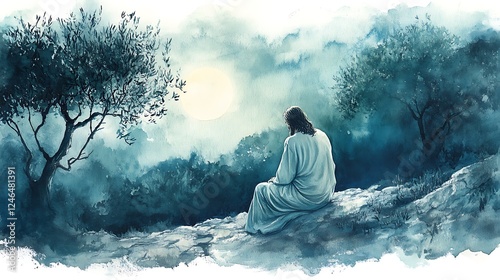 Jesus kneeling in solitude in the moonlit Garden of Gethsemane, surrounded by ancient olive trees, the watercolor style emphasizing the tranquil yet solemn mood with soft shades of green, silver,