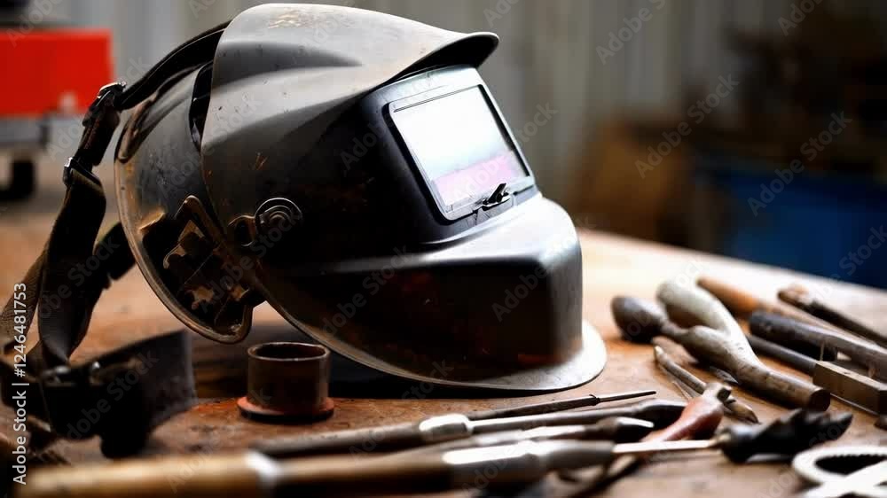 Welding helmet resting on wooden workbench surrounded by metalworking tools, highlighting professional workshop environment and safety equipment for metal fabrication