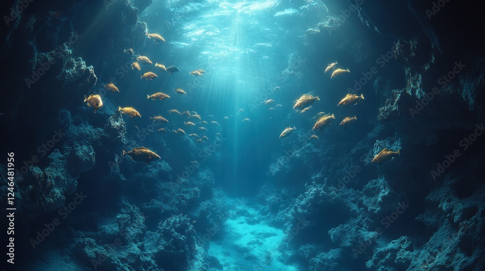 Fototapeta premium Underwater sunbeam illuminating fish school in a deep ocean trench.