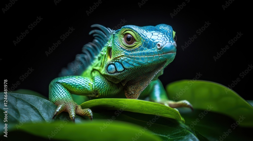 Fototapeta premium Vibrant green and blue iguana on leaves.
