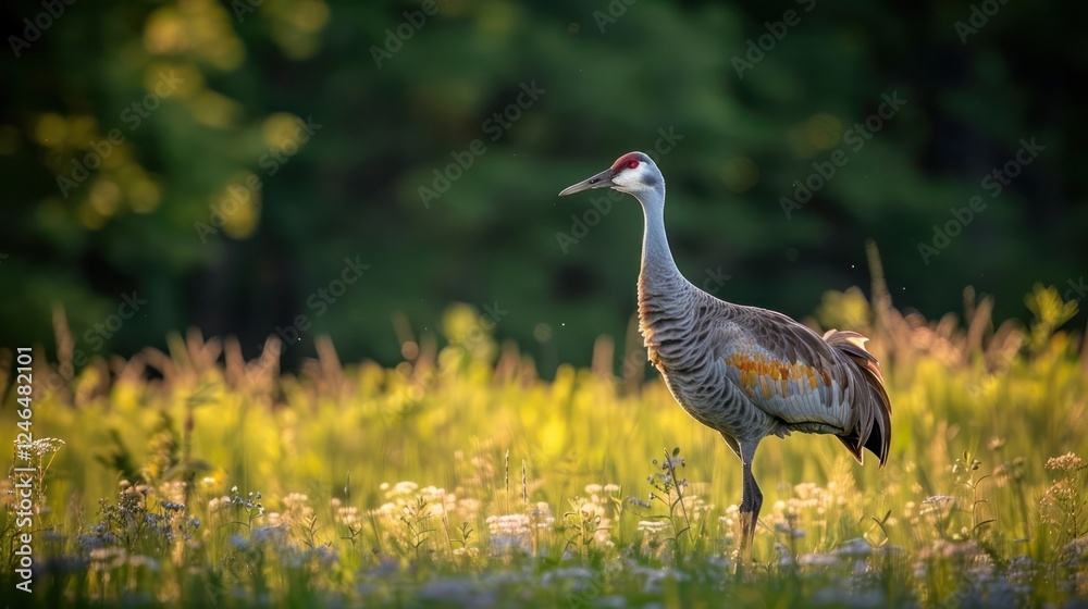 Fototapeta premium Majestic crane walking gracefully through a sunlit meadow, surrounded by vibrant wildflowers