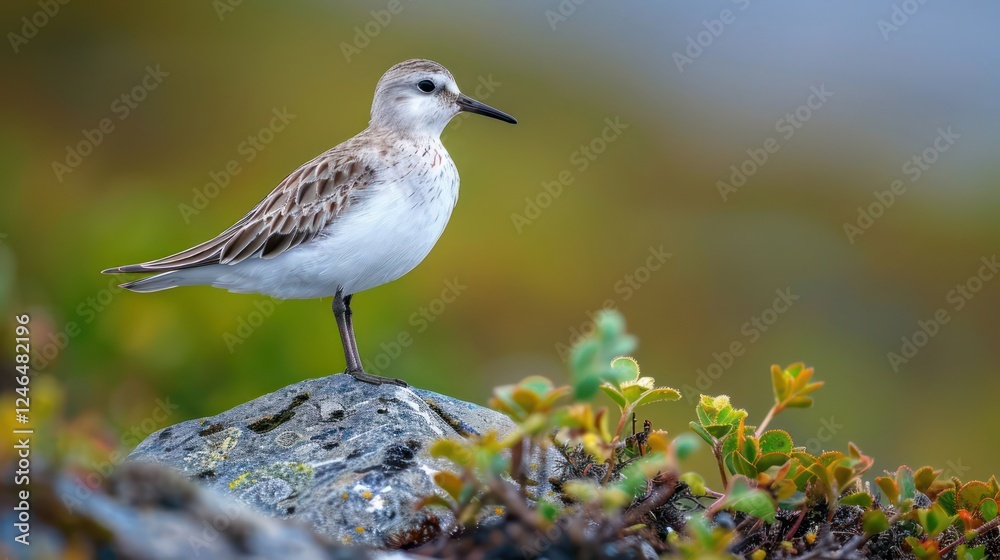 A small shorebird perched on a rock amidst colorful coastal vegetation, with a blurred background A small shorebird perched on a rock amidst colorful coastal vegetation, with a blurred background