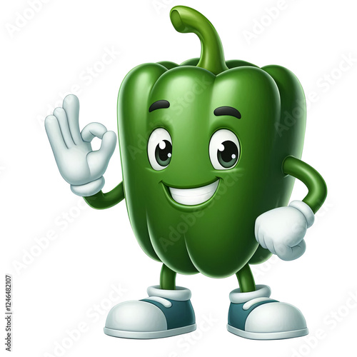 Happy green Bell pepper or capsicum character giving OK sign isolated on transparent background, png image 