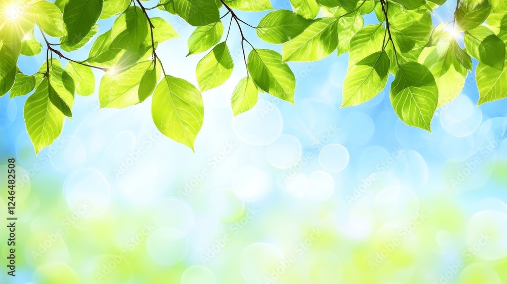 Springtime Sunlight, Branch With Green Foliage, Natural Sunlight, Light Flare, Defocused Background Springtime Sunlight, Branch With Green Foliage, Natural Sunlight, Light Flare, Defocused Background