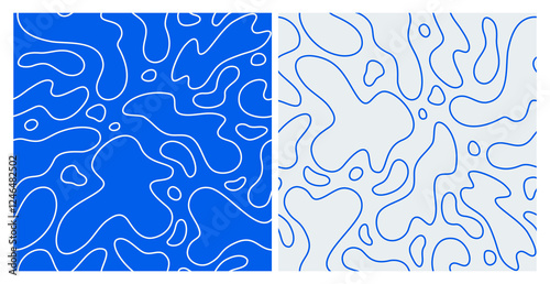 Abstract Seamless Pattern with Blue Water Splashes. Line Wavy Contour Blobs. Liquid Organic Water Splash Texture