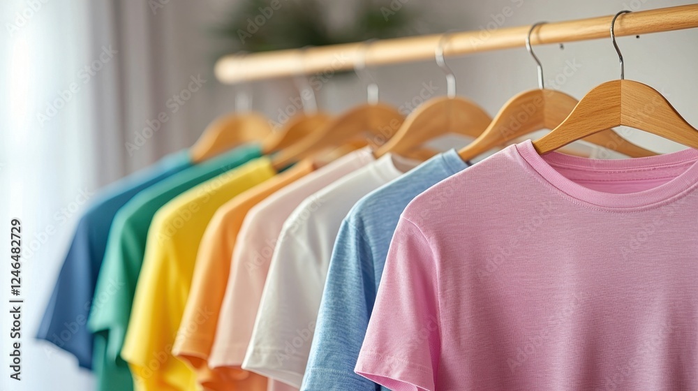 Fototapeta premium A rainbow of plain T-shirts on wooden hangers, wardrobe organization