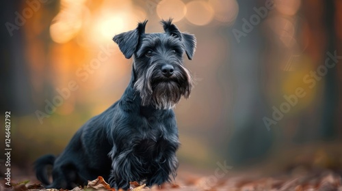 A black schnauzer dog sitting amidst autumn leaves in a serene forest with blurred background photo