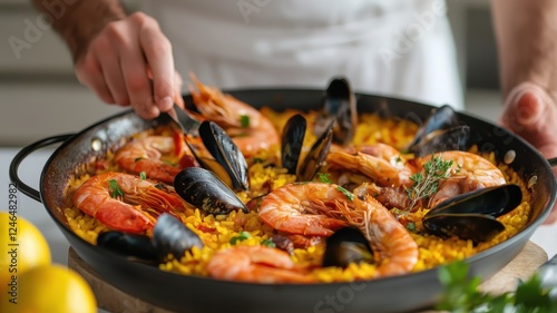 Chef preparing cooking authentic spanish mediterranean traditional food seafood paella