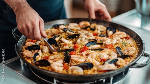 Chef preparing cooking authentic spanish mediterranean traditional food seafood paella