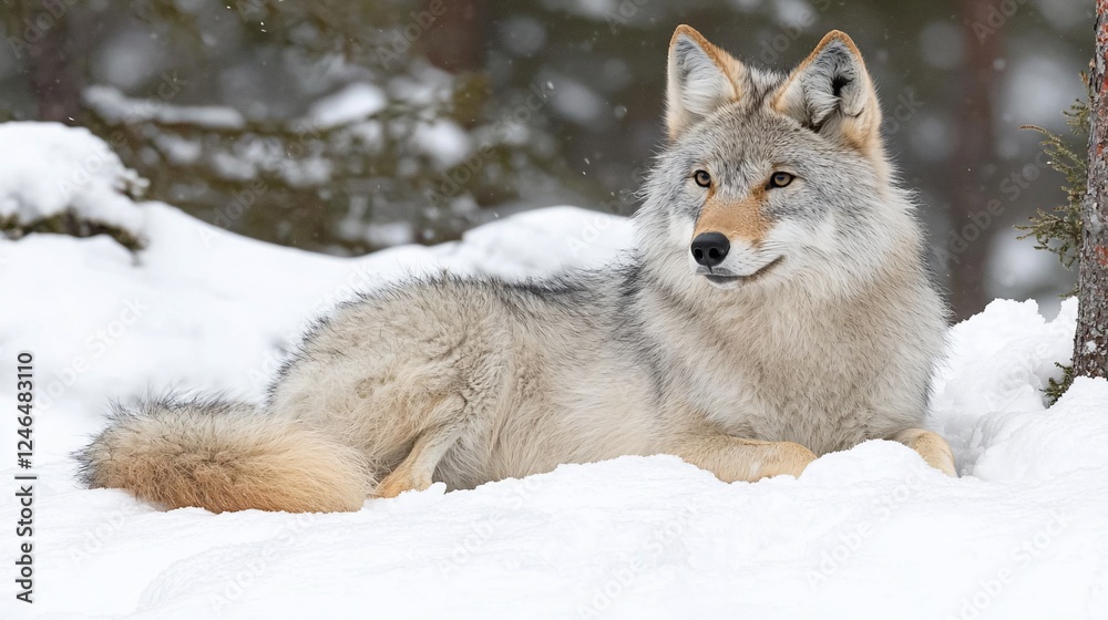 Fototapeta premium Wolf resting in snowy forest, winter scene