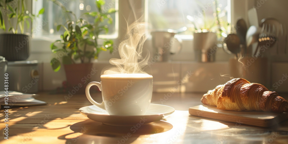 Morning coffee setup with a steaming mug, fresh croissant, and sunlight streaming through a kitchen window Morning coffee setup with a steaming mug, fresh croissant, and sunlight streaming through a kitchen window