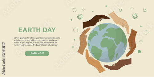 Earth Day banner. Global Diversity. Hands Embracing Planet. Multicultural hands encircle Earth, symbolizing unity, environmental protection, and collective global responsibility. Vector illustration