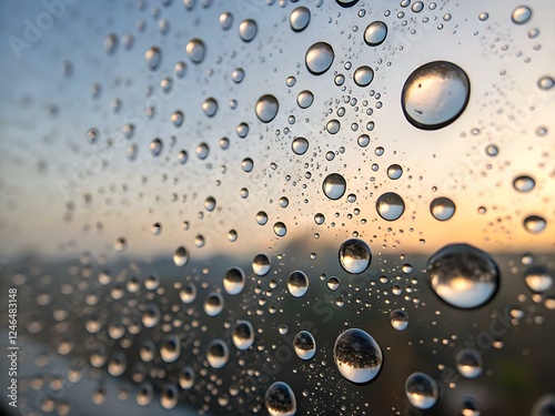 Raindrops on Glass Reflecting a Soft Sunset – Nature Close-up photo