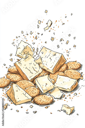 Modern sketch of leftover cheese and crackers with crumbs