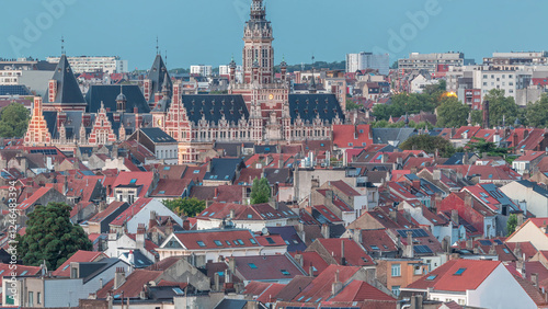 Aerial view of Schaerbeek Town Hall day to night timelapse in Brussels, Belgium. photo