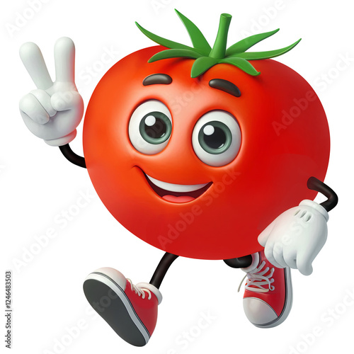 Cartoon tomato giving peace sign isolated on transparent background, png image 